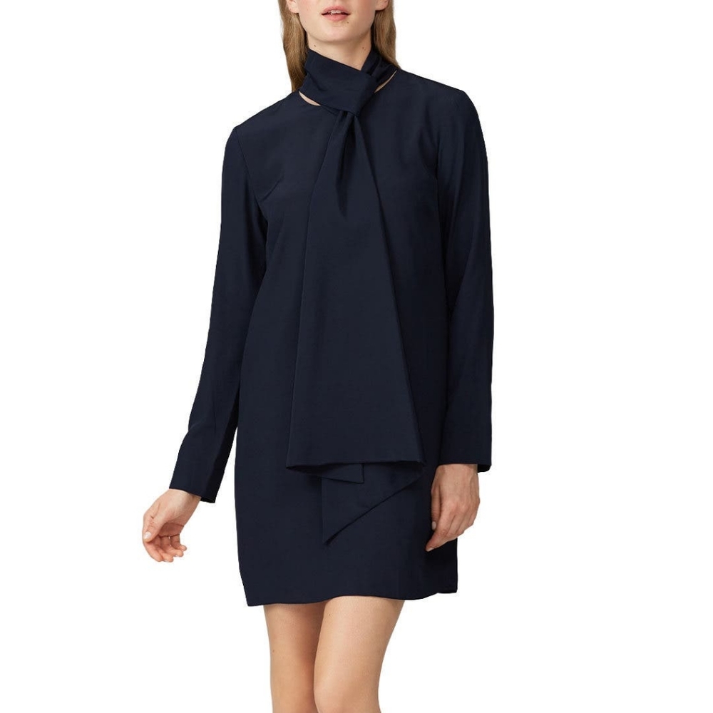 Tibi Navy Neck Tie Retro 100% Silk Shift Dress